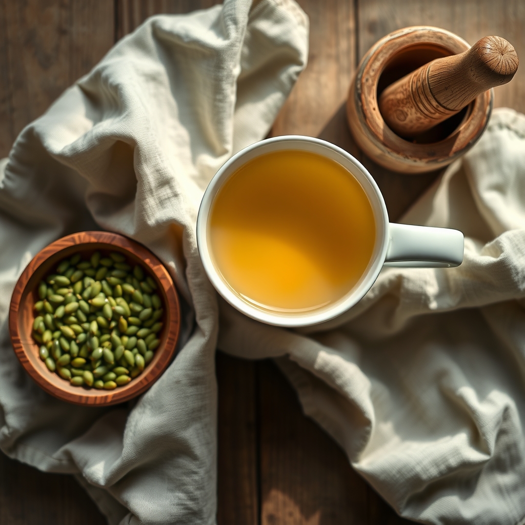 A cup of fennel seed tea next to a bowl of fennel seeds and a small mortar