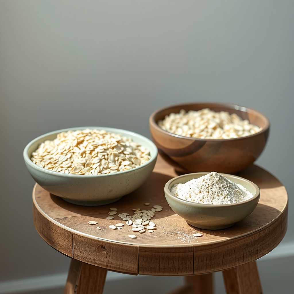 A bowl of finely ground oat powder next to rolled oats and a folded white towel