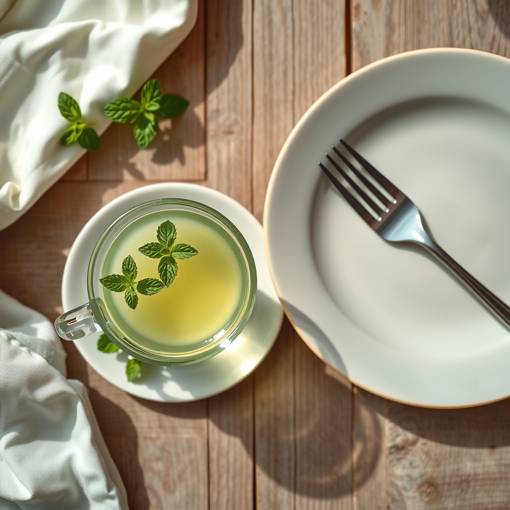 A glass cup of peppermint tea with fresh peppermint sprigs beside it