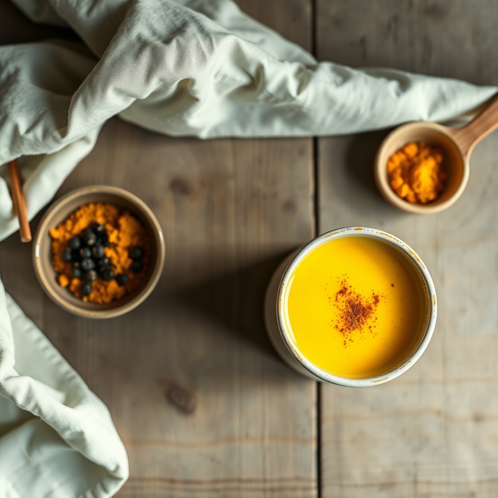 A mug of yellow turmeric golden milk beside ground turmeric and black peppercorns